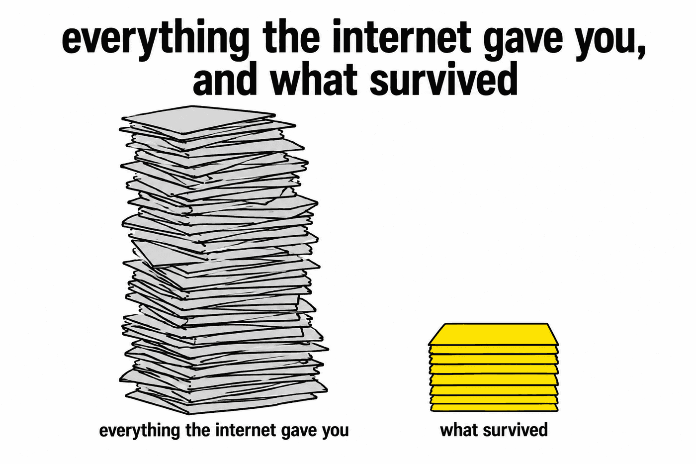 Two stacks of cards compared. A tall untidy grey stack labelled everything the internet gave you, next to a short neat stack of seven yellow cards labelled what survived.