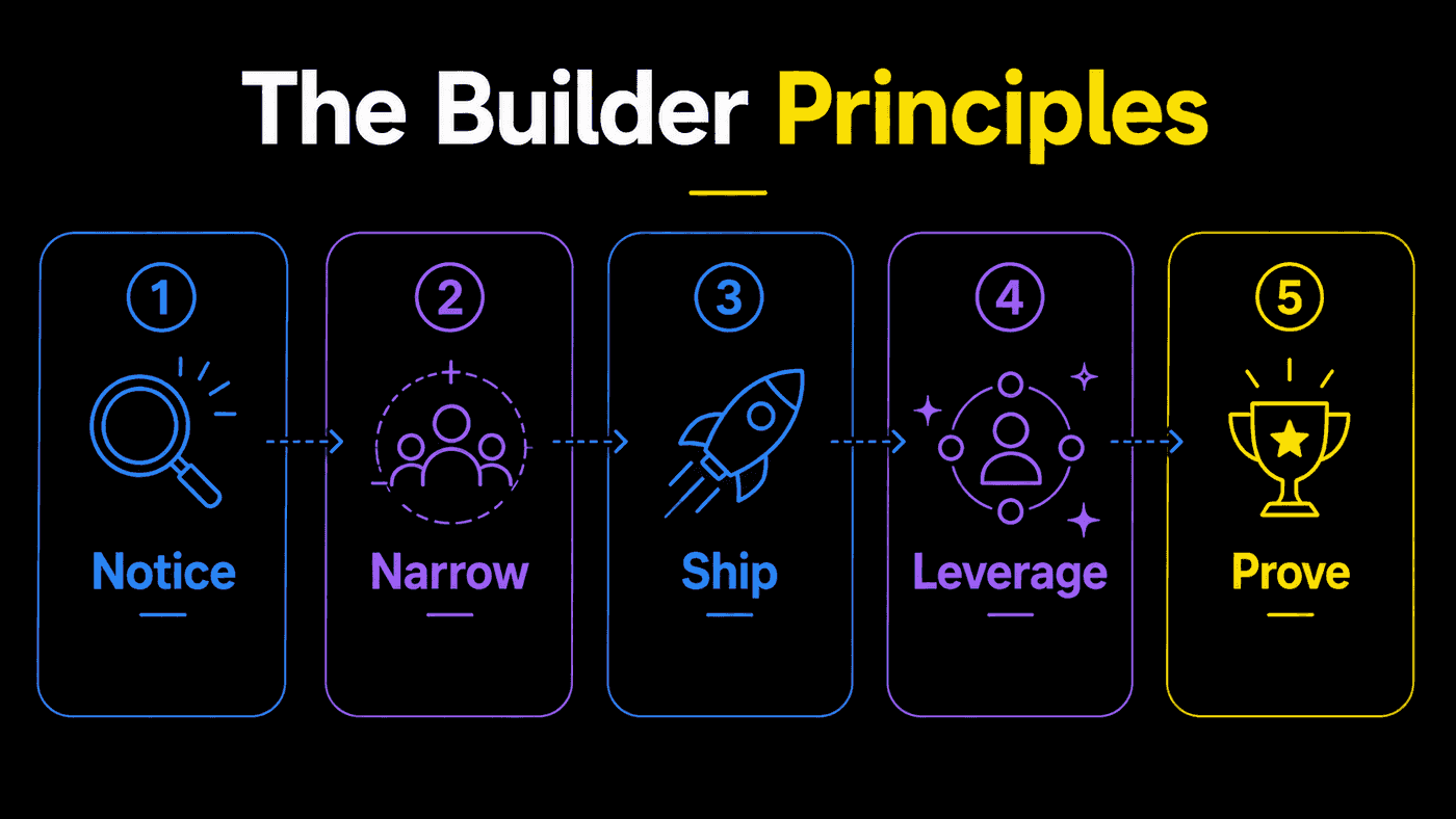 The five Builder Principles: Notice, Narrow, Ship, Leverage, Prove.