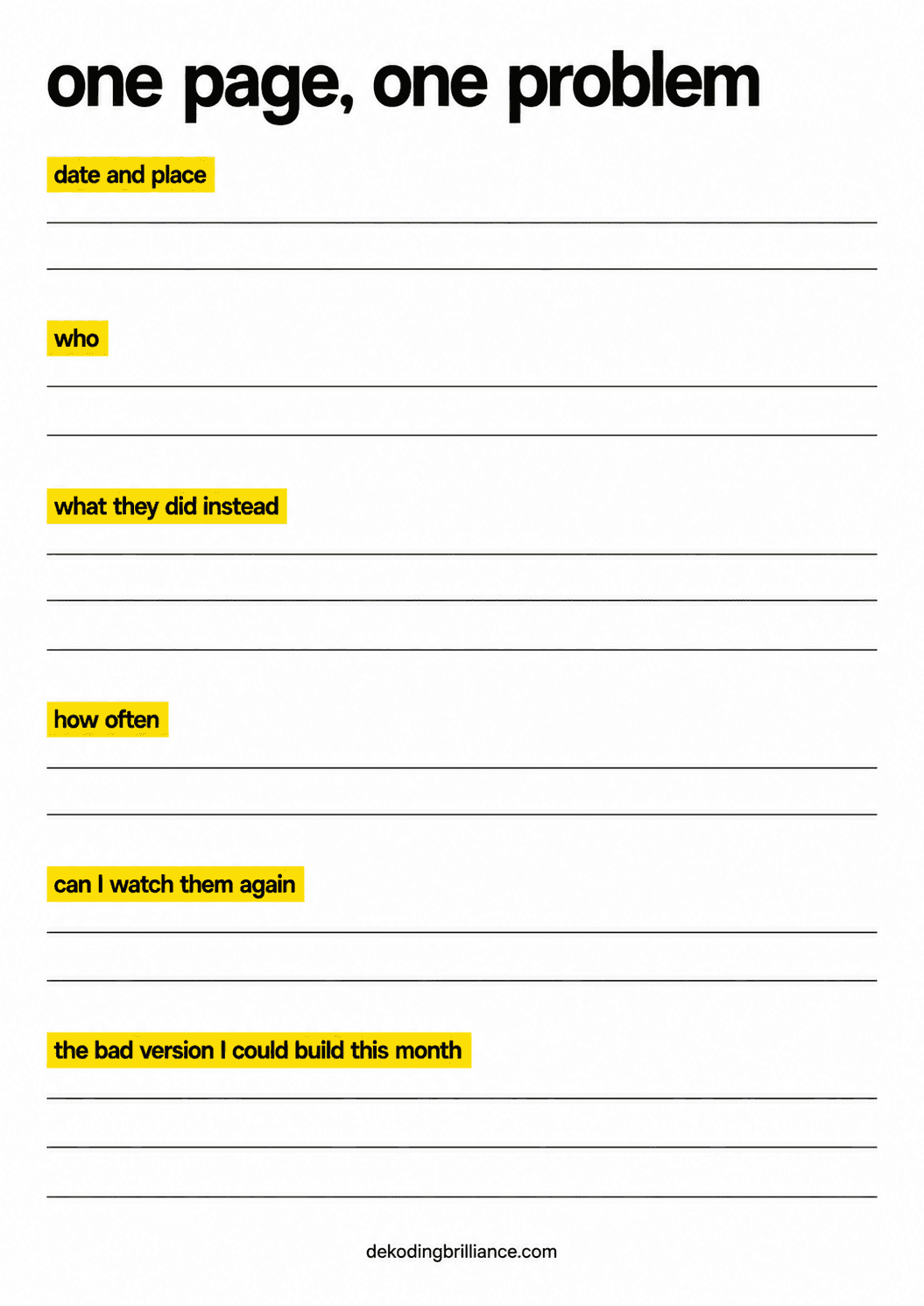 A printable one page problem notebook with six fields: date and place, who, what they did instead, how often, can I watch them again, and the bad version I could build this month.